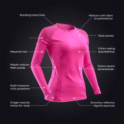 A dynamic long-sleeve women's sports shirt design in a vibrant pink color