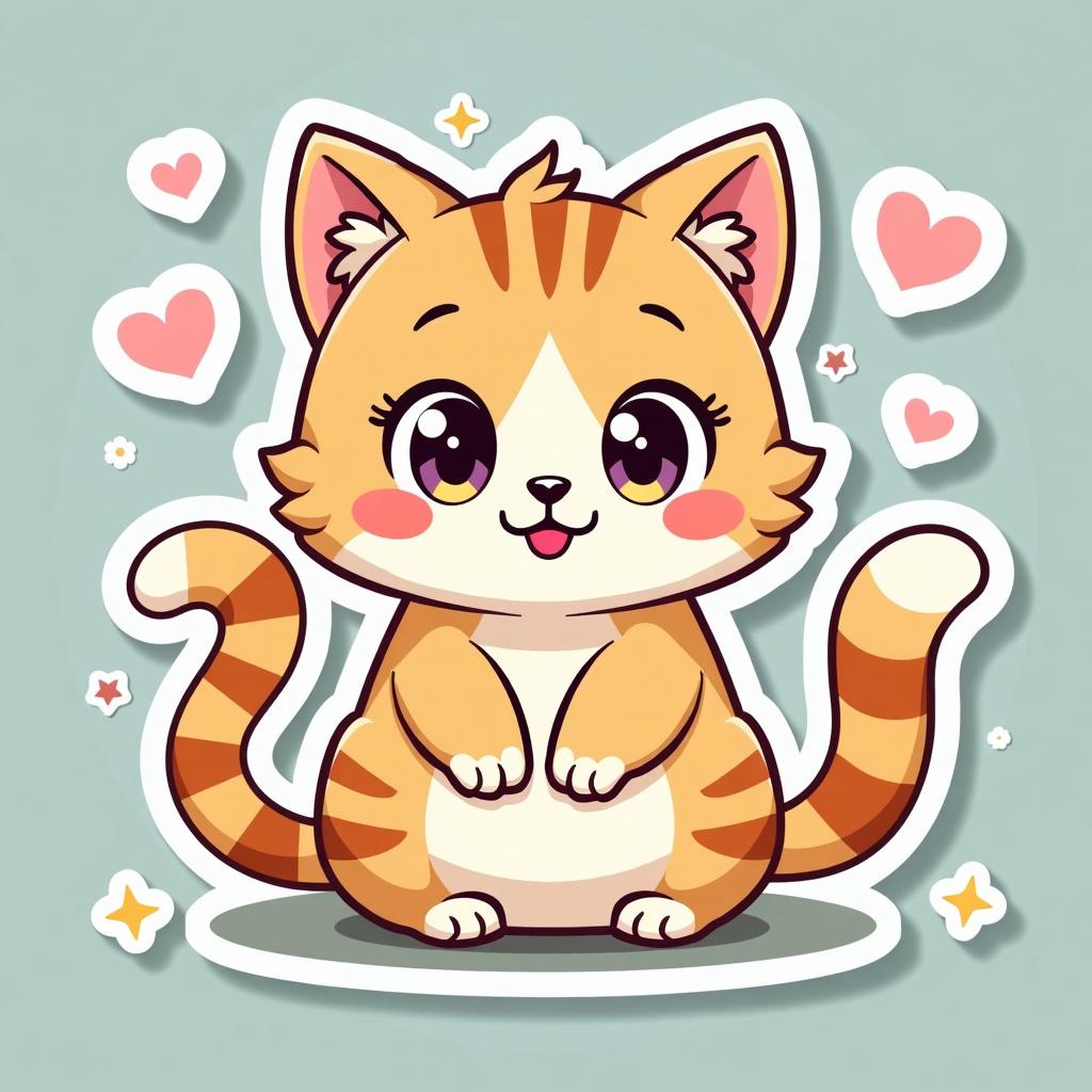 A cute cat square sticker design, showcasing a kawaii-style cat with big expressive eyes and a playful pose