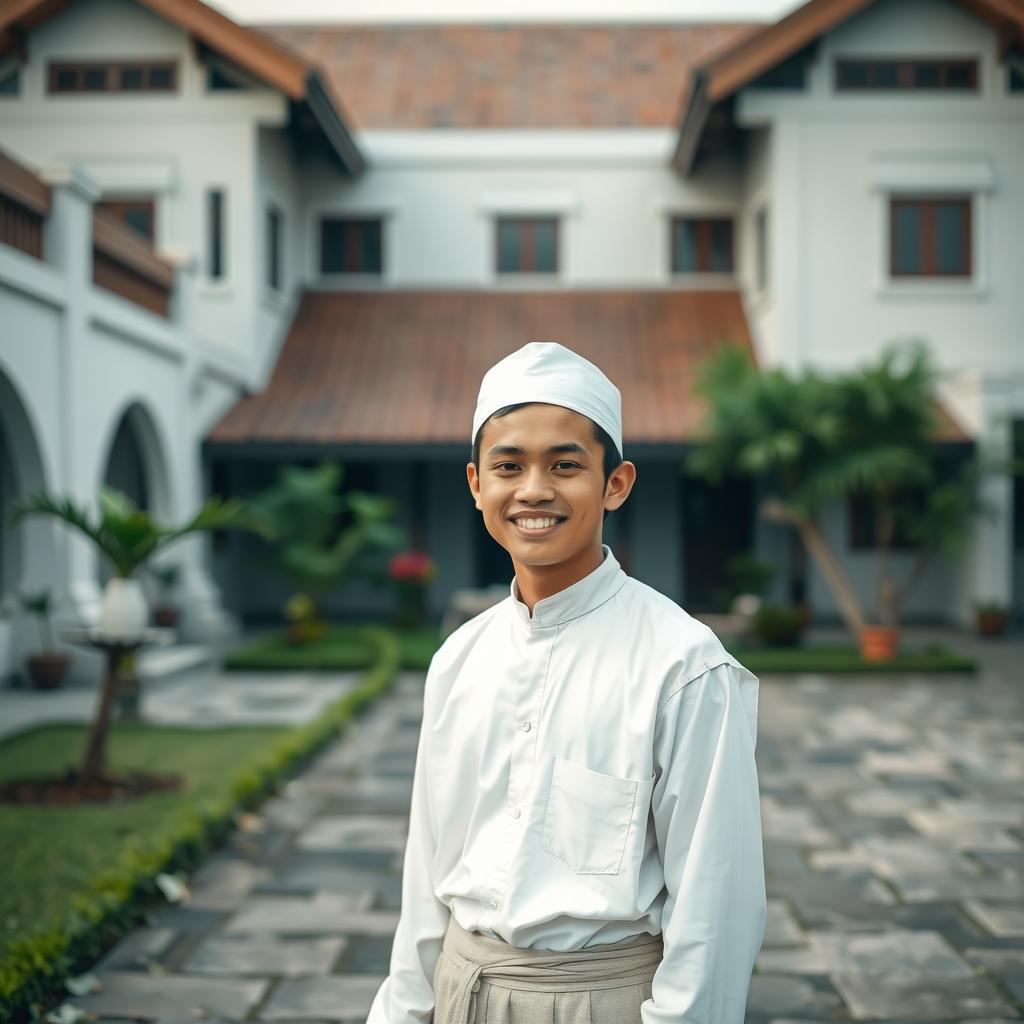 A young Indonesian man stands in the courtyard of a pesantren, wearing simple white Muslim clothing and a sarong, radiating a friendly and approachable demeanor