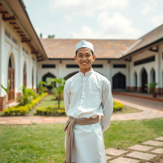 A young Indonesian man stands in the courtyard of a pesantren, wearing simple white Muslim clothing and a sarong, radiating a friendly and approachable demeanor