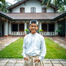 A young Indonesian man stands in the courtyard of a pesantren, wearing simple white Muslim clothing and a sarong, radiating a friendly and approachable demeanor