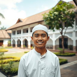 A young Indonesian man stands in the courtyard of a pesantren, wearing simple white Muslim clothing and a sarong, radiating a friendly and approachable demeanor