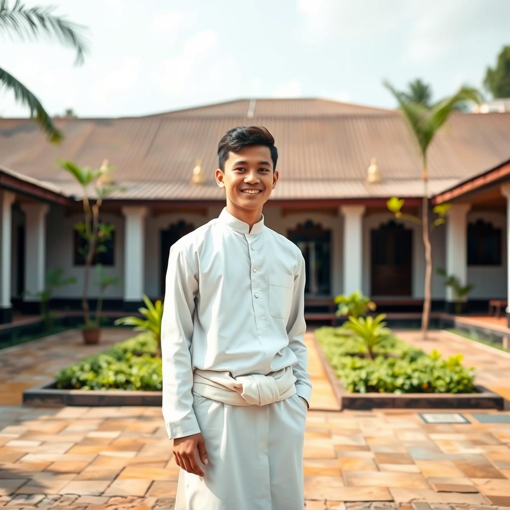 A young Indonesian man stands in the courtyard of a pesantren, wearing simple white Muslim clothing and a sarong, radiating a friendly and approachable demeanor