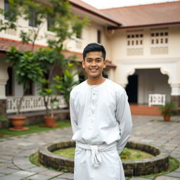 A young Indonesian man stands in the courtyard of a pesantren, wearing simple white Muslim clothing and a sarong, radiating a friendly and approachable demeanor