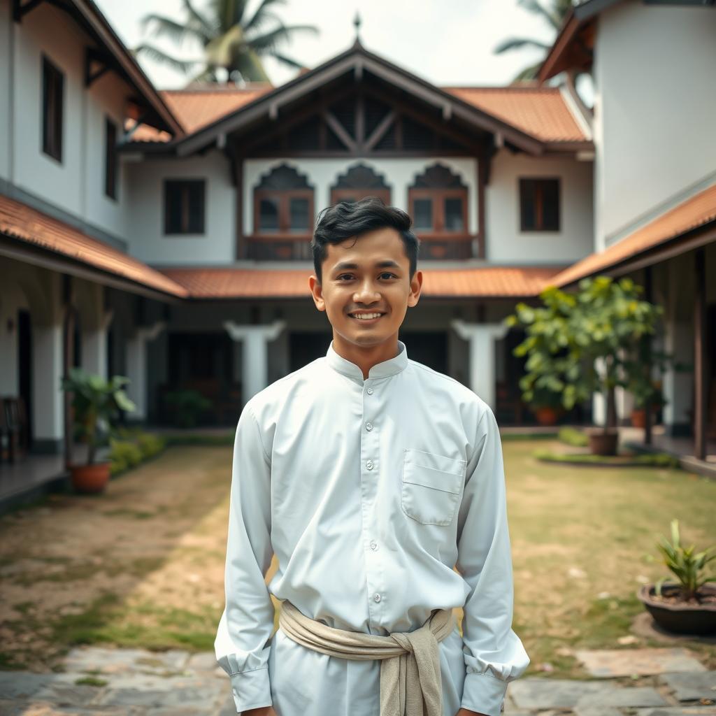 A young Indonesian man stands in the courtyard of a pesantren, wearing simple white Muslim clothing and a sarong, radiating a friendly and approachable demeanor