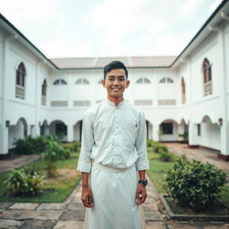 A young Indonesian man stands in the courtyard of a pesantren, wearing simple white Muslim clothing and a sarong, radiating a friendly and approachable demeanor