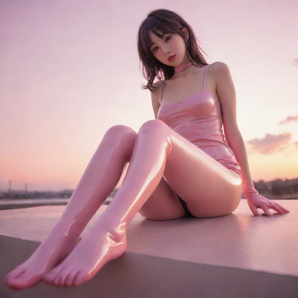 Anime style girl with latex stockings, showcasing her bare feet as she lies down amidst a setting sun with a predominant pink theme.