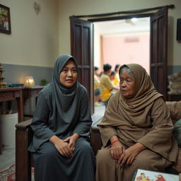 A 28-year-old female ustadzah wearing simple and clean clothing sits in the living room of a modest pesantren