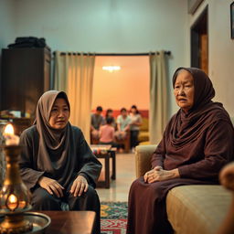 A 28-year-old female ustadzah wearing simple and clean clothing sits in the living room of a modest pesantren