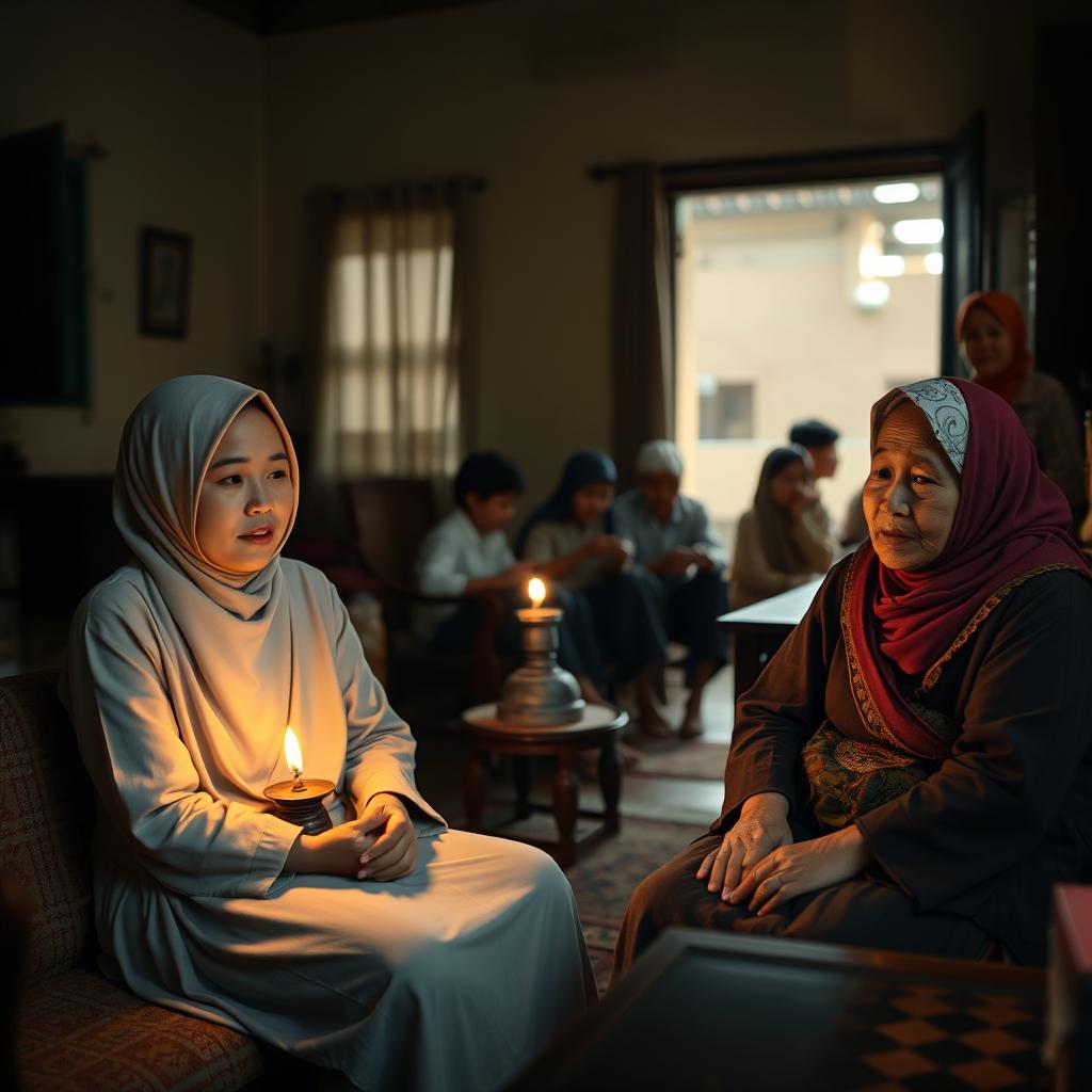 A 28-year-old female ustadzah wearing simple and clean clothing sits in the living room of a modest pesantren