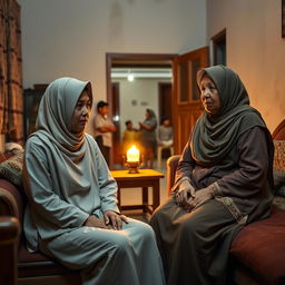 A 28-year-old female ustadzah wearing simple and clean clothing sits in the living room of a modest pesantren