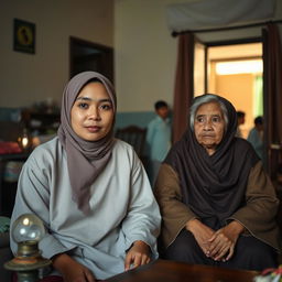 A 28-year-old female ustadzah wearing simple and clean clothing sits in the living room of a modest pesantren