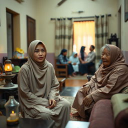 A 28-year-old female ustadzah wearing simple and clean clothing sits in the living room of a modest pesantren