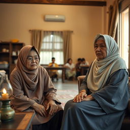 A 28-year-old female ustadzah wearing simple and clean clothing sits in the living room of a modest pesantren