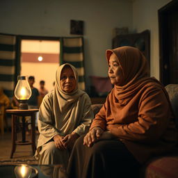 A 28-year-old female ustadzah wearing simple and clean clothing sits in the living room of a modest pesantren