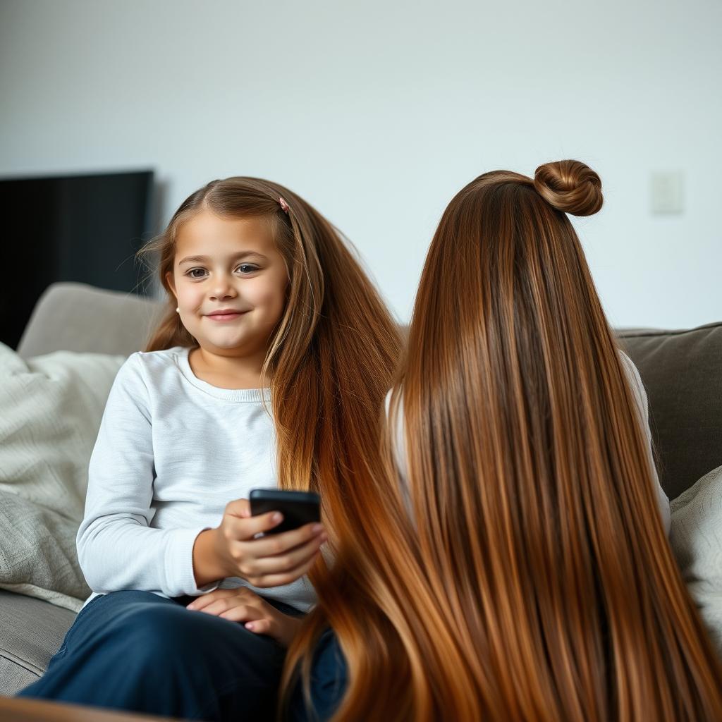 a mother with very long and silky smooth hair, flowing naturally without being tied, sitting on a sofa