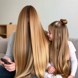 a mother with very long and silky smooth hair, flowing naturally without being tied, sitting on a sofa