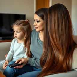 a mother with very long and silky smooth hair, flowing naturally without being tied, sitting on a sofa