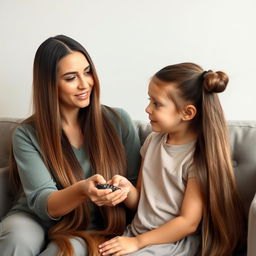 a mother with very long and silky smooth hair, flowing naturally without being tied, sitting on a sofa