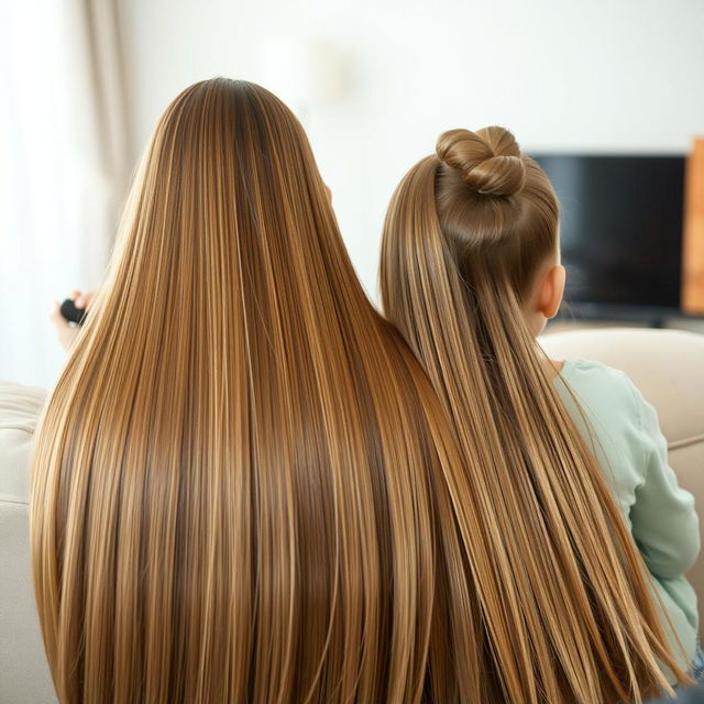 a mother with very long and silky smooth hair, flowing naturally without being tied, sitting on a sofa