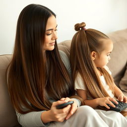 a mother with very long and silky smooth hair, flowing naturally without being tied, sitting on a sofa