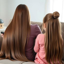 a mother with very long and silky smooth hair, flowing naturally without being tied, sitting on a sofa