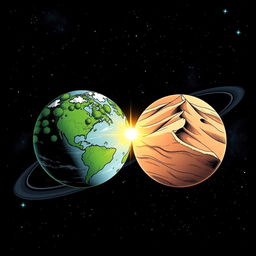 Two twin planets sharing a synchronized orbit in perfect harmony, depicted in manga style