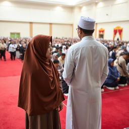 A large religious gathering takes place in a spacious room with a red carpet and simple decor