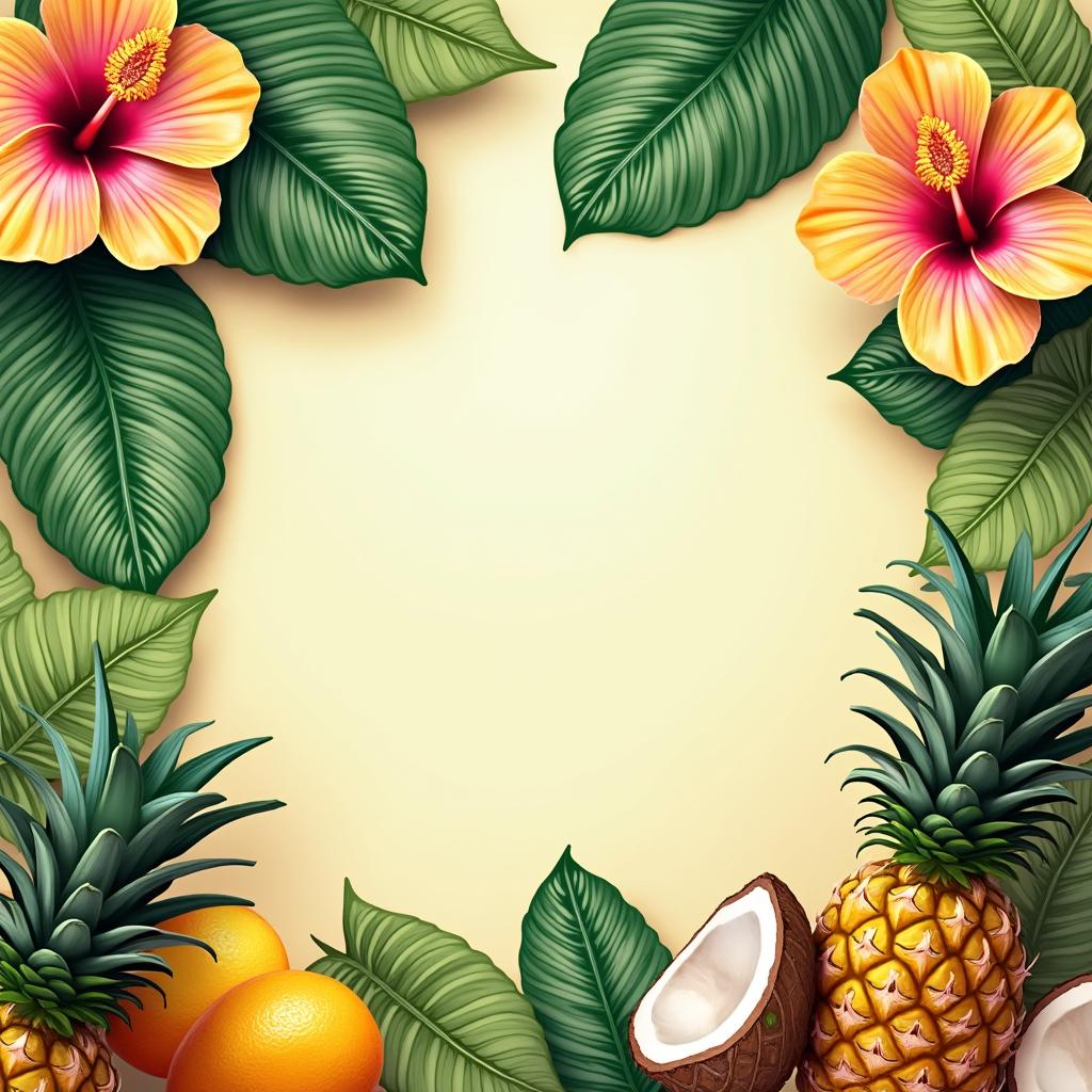 A visually stunning and vibrant tropical-themed Lemon8 post template, featuring lush green palm leaves, vibrant exotic flowers like hibiscus and orchids, and fresh, juicy tropical fruits such as pineapples and coconuts