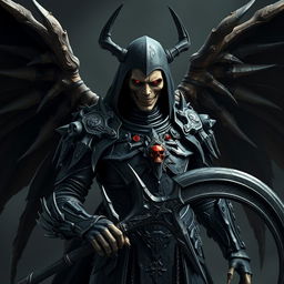 A very realistic, live-action character poster of Azrael, the Angel of Death, depicted as a terrifying figure