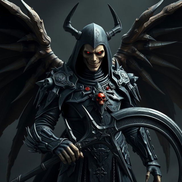 A very realistic, live-action character poster of Azrael, the Angel of Death, depicted as a terrifying figure