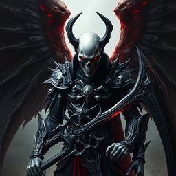 A very realistic, live-action character poster of Azrael, the Angel of Death, depicted as a terrifying figure