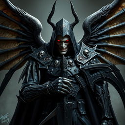 A very realistic, live-action character poster of Azrael, the Angel of Death, depicted as a terrifying figure