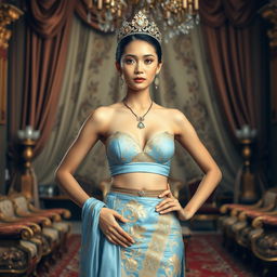 A 19-year-old beautiful young woman with an ideal, proportional body, portraying the role of a Javanese queen