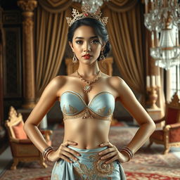 A 19-year-old beautiful young woman with an ideal, proportional body, portraying the role of a Javanese queen