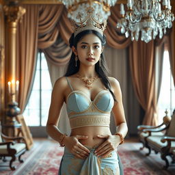 A 19-year-old beautiful young woman with an ideal, proportional body, portraying the role of a Javanese queen