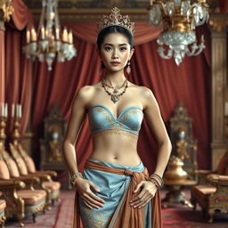 A 19-year-old beautiful young woman with an ideal, proportional body, portraying the role of a Javanese queen