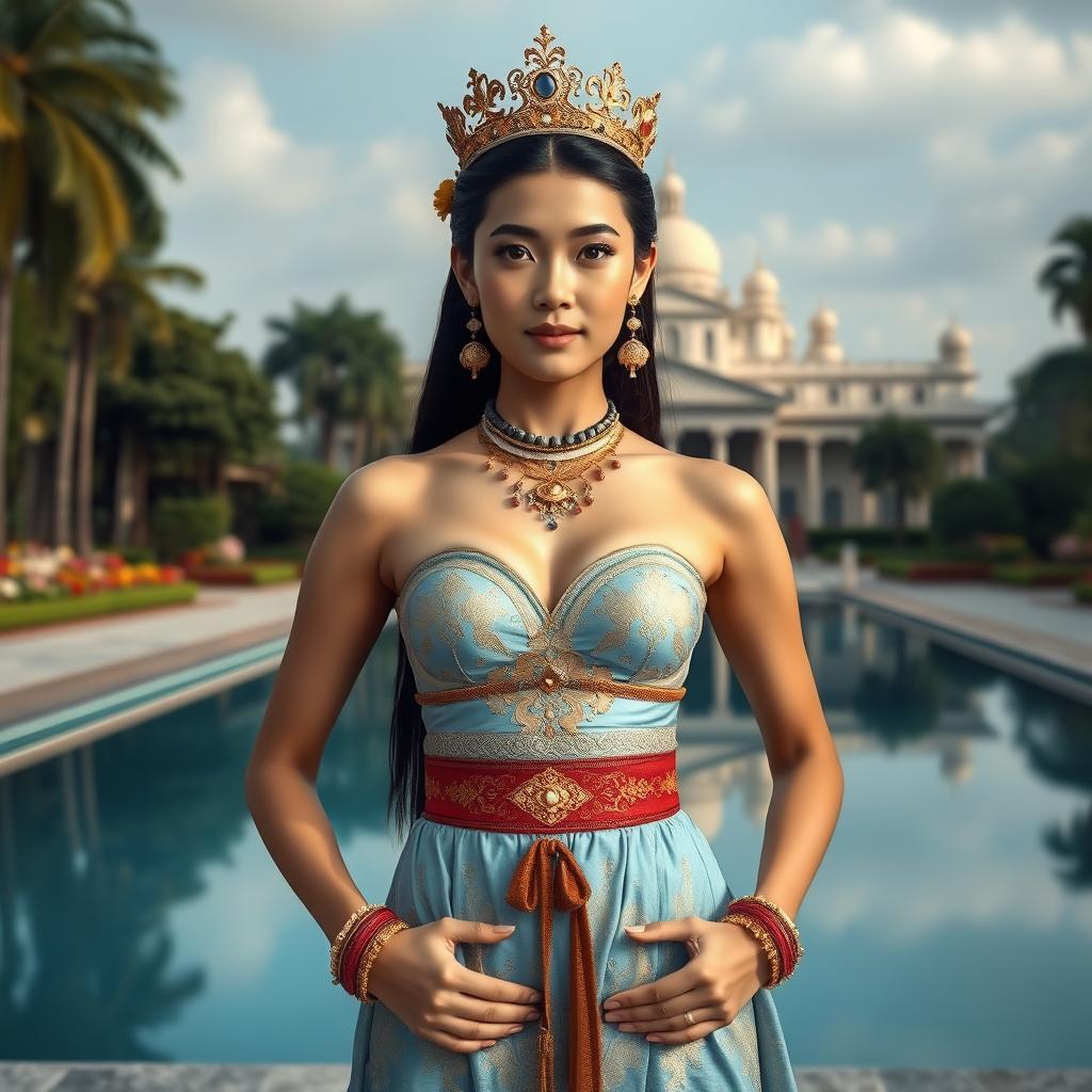 A 19-year-old beautiful and ideal young woman with a proportional body, portraying a role as a queen of the Javanese kingdom