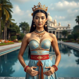 A 19-year-old beautiful and ideal young woman with a proportional body, portraying a role as a queen of the Javanese kingdom