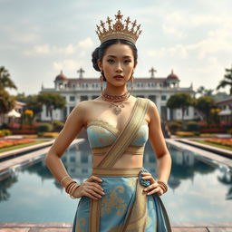 A 19-year-old beautiful and ideal young woman with a proportional body, portraying a role as a queen of the Javanese kingdom