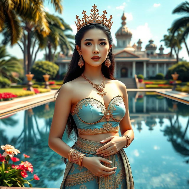 A 19-year-old beautiful and ideal young woman with a proportional body, portraying a role as a queen of the Javanese kingdom