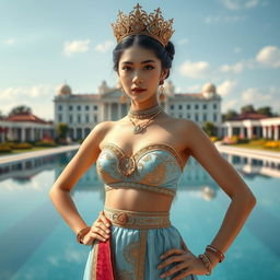 A 19-year-old beautiful and ideal young woman with a proportional body, portraying a role as a queen of the Javanese kingdom