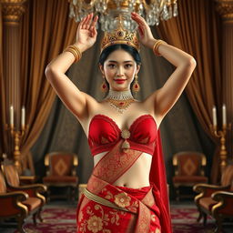 A 19-year-old beautiful young woman with an ideal, proportional body, portraying the role of a Javanese queen