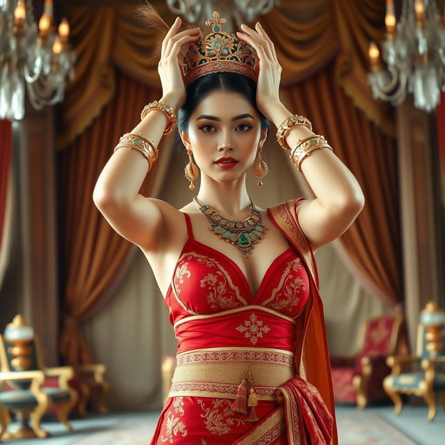 A 19-year-old beautiful young woman with an ideal, proportional body, portraying the role of a Javanese queen