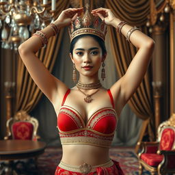 A 19-year-old beautiful young woman with an ideal, proportional body, portraying the role of a Javanese queen