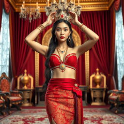 A 19-year-old beautiful young woman with an ideal, proportional body, portraying the role of a Javanese queen