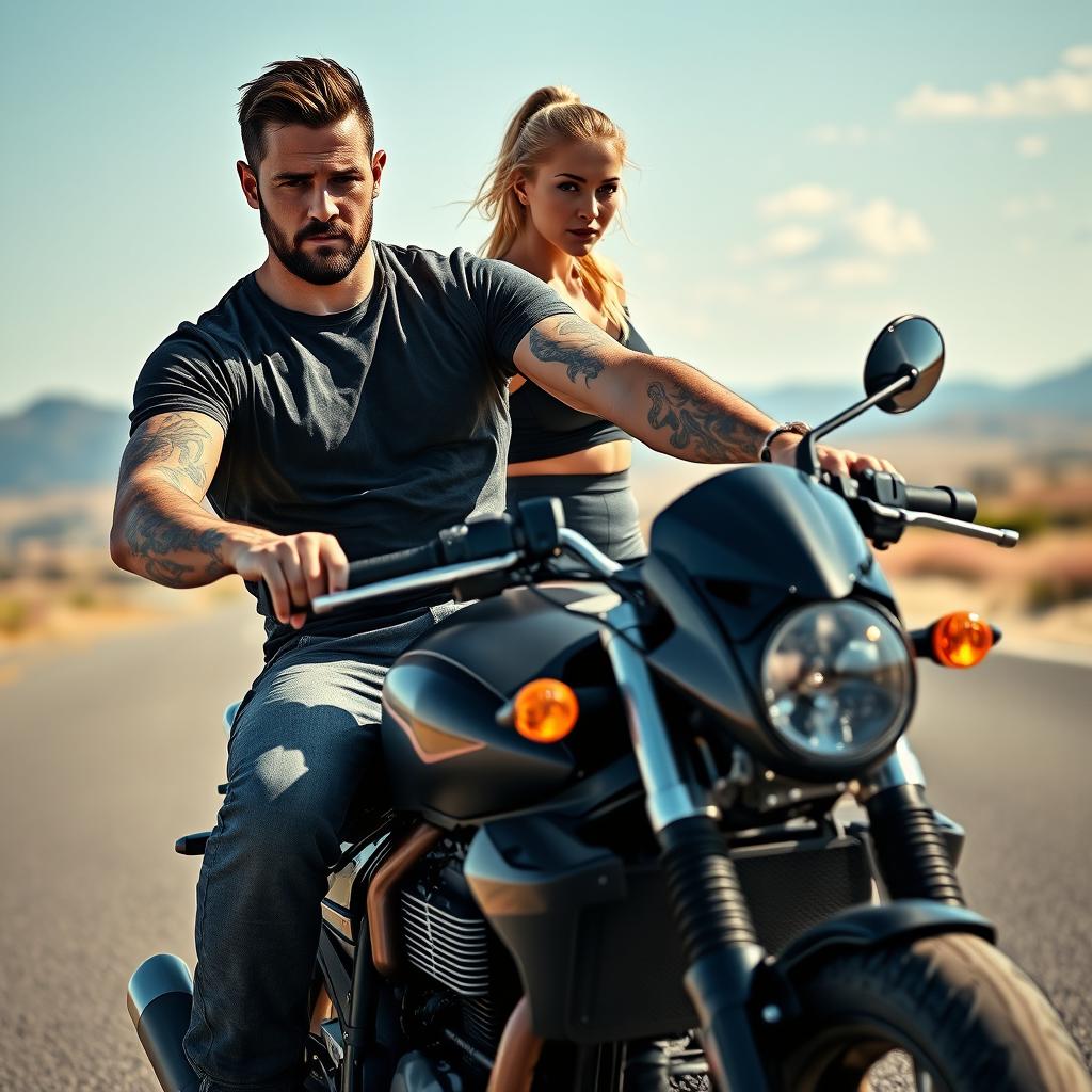 A hyper-realistic portrait of a 35-year-old man with some tattoos on his arms, riding a sleekly designed motorcycle with an intense gaze