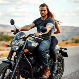 A hyper-realistic portrait of a 35-year-old man with some tattoos on his arms, riding a sleekly designed motorcycle with an intense gaze