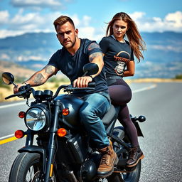 A hyper-realistic portrait of a 35-year-old man with some tattoos on his arms, riding a sleekly designed motorcycle with an intense gaze