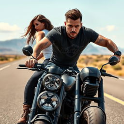 A hyper-realistic portrait of a 35-year-old man with some tattoos on his arms, riding a sleekly designed motorcycle with an intense gaze